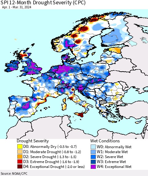 Europe SPI 12-Month Drought Severity (CPC) Thematic Map For 4/1/2023 - 3/31/2024