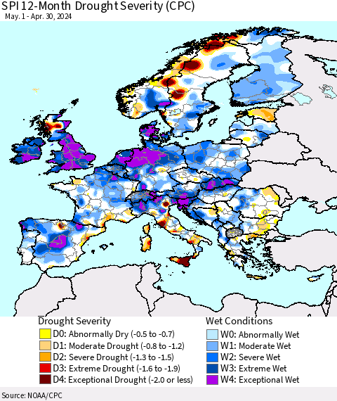 Europe SPI 12-Month Drought Severity (CPC) Thematic Map For 5/1/2023 - 4/30/2024