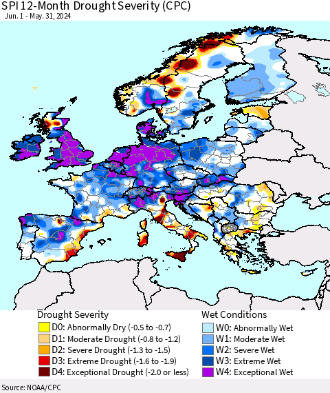 Europe SPI 12-Month Drought Severity (CPC) Thematic Map For 6/1/2023 - 5/31/2024