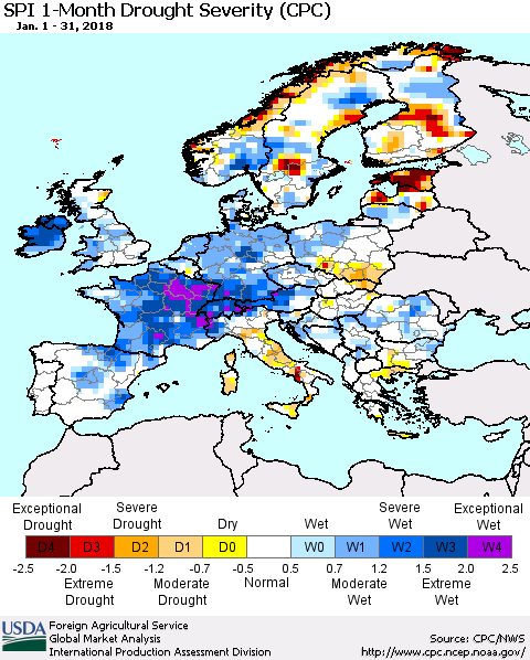 Europe SPI 1-Month Drought Severity (CPC) Thematic Map For 1/1/2018 - 1/31/2018