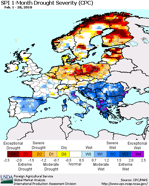 Europe SPI 1-Month Drought Severity (CPC) Thematic Map For 2/1/2018 - 2/28/2018