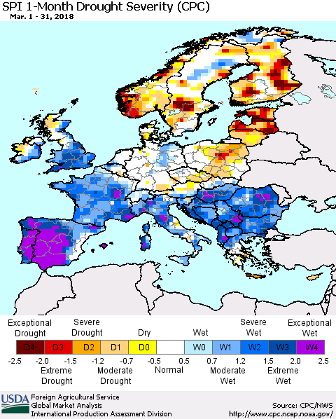 Europe SPI 1-Month Drought Severity (CPC) Thematic Map For 3/1/2018 - 3/31/2018