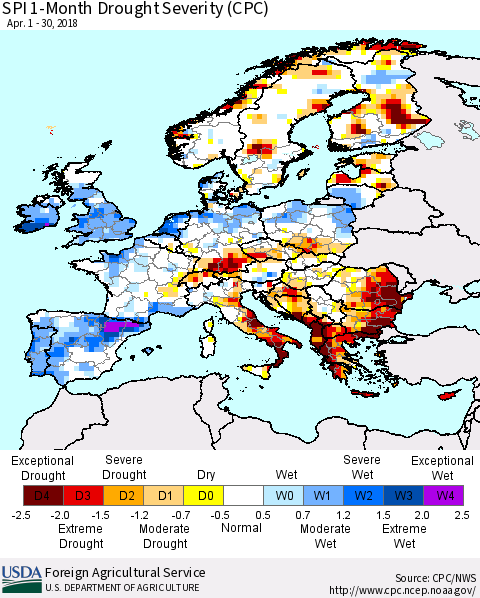 Europe SPI 1-Month Drought Severity (CPC) Thematic Map For 4/1/2018 - 4/30/2018