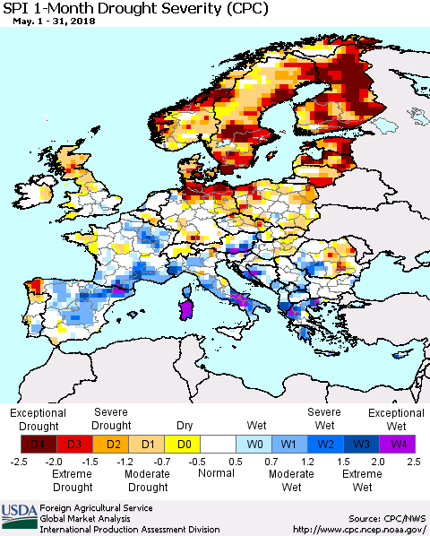Europe SPI 1-Month Drought Severity (CPC) Thematic Map For 5/1/2018 - 5/31/2018