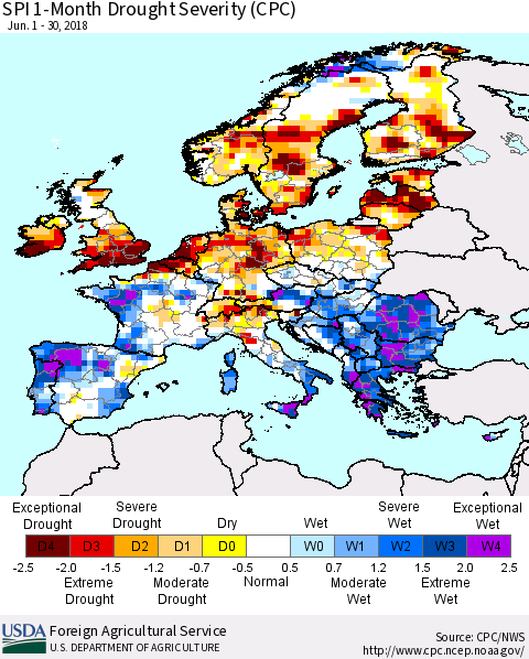 Europe SPI 1-Month Drought Severity (CPC) Thematic Map For 6/1/2018 - 6/30/2018