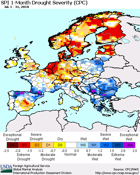 Europe SPI 1-Month Drought Severity (CPC) Thematic Map For 7/1/2018 - 7/31/2018