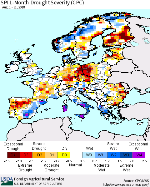 Europe SPI 1-Month Drought Severity (CPC) Thematic Map For 8/1/2018 - 8/31/2018