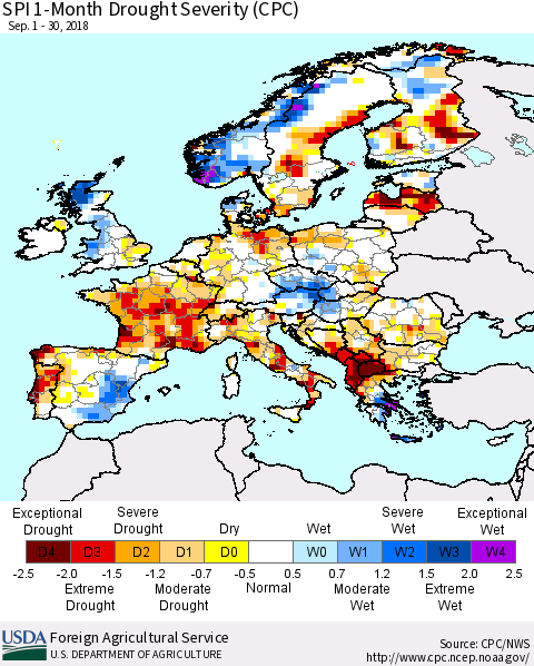 Europe SPI 1-Month Drought Severity (CPC) Thematic Map For 9/1/2018 - 9/30/2018