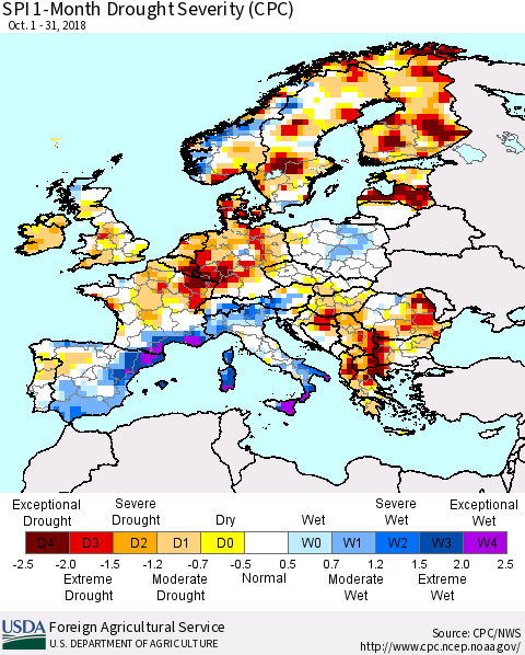 Europe SPI 1-Month Drought Severity (CPC) Thematic Map For 10/1/2018 - 10/31/2018