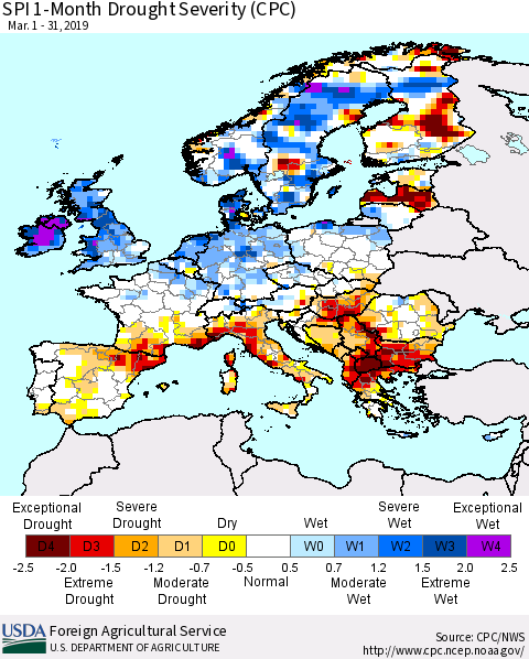 Europe SPI 1-Month Drought Severity (CPC) Thematic Map For 3/1/2019 - 3/31/2019