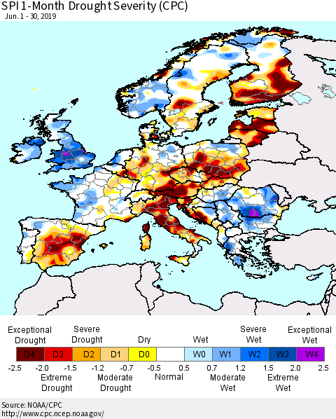 Europe SPI 1-Month Drought Severity (CPC) Thematic Map For 6/1/2019 - 6/30/2019