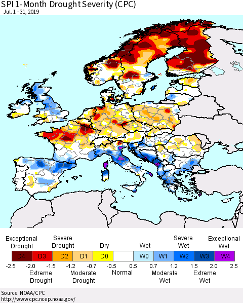 Europe SPI 1-Month Drought Severity (CPC) Thematic Map For 7/1/2019 - 7/31/2019