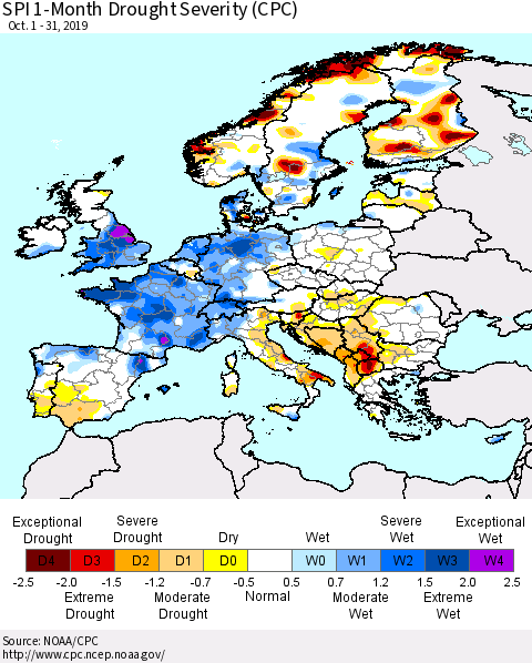 Europe SPI 1-Month Drought Severity (CPC) Thematic Map For 10/1/2019 - 10/31/2019
