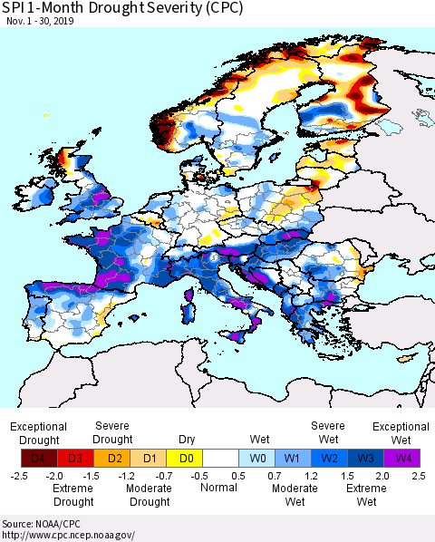 Europe SPI 1-Month Drought Severity (CPC) Thematic Map For 11/1/2019 - 11/30/2019