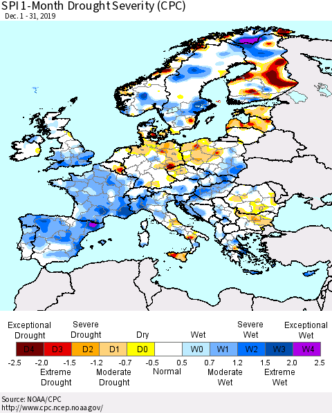 Europe SPI 1-Month Drought Severity (CPC) Thematic Map For 12/1/2019 - 12/31/2019