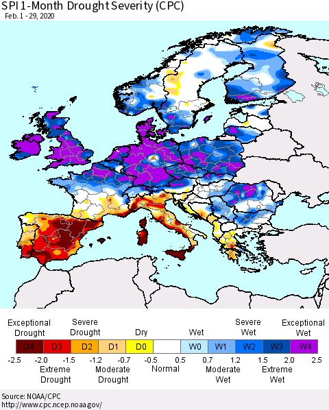 Europe SPI 1-Month Drought Severity (CPC) Thematic Map For 2/1/2020 - 2/29/2020