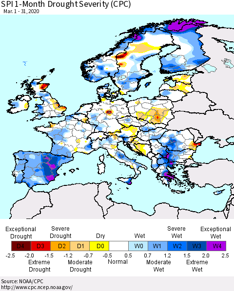 Europe SPI 1-Month Drought Severity (CPC) Thematic Map For 3/1/2020 - 3/31/2020