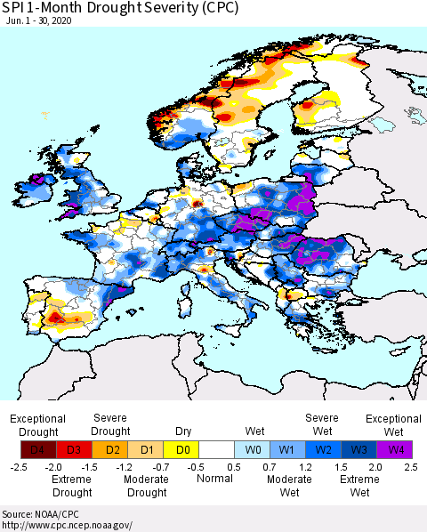 Europe SPI 1-Month Drought Severity (CPC) Thematic Map For 6/1/2020 - 6/30/2020