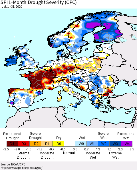 Europe SPI 1-Month Drought Severity (CPC) Thematic Map For 7/1/2020 - 7/31/2020