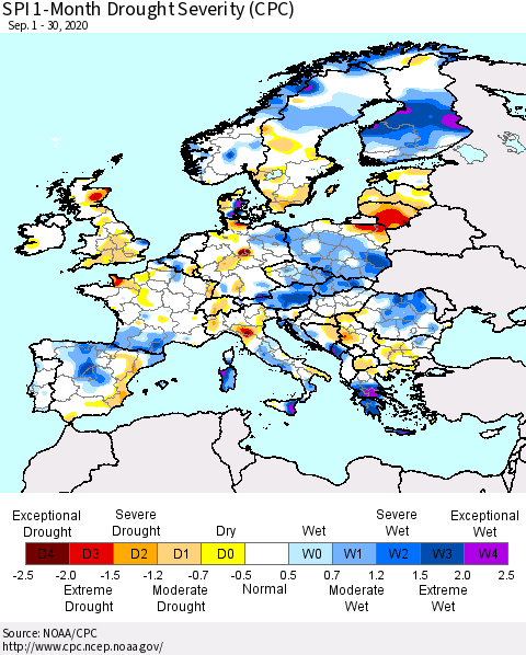Europe SPI 1-Month Drought Severity (CPC) Thematic Map For 9/1/2020 - 9/30/2020