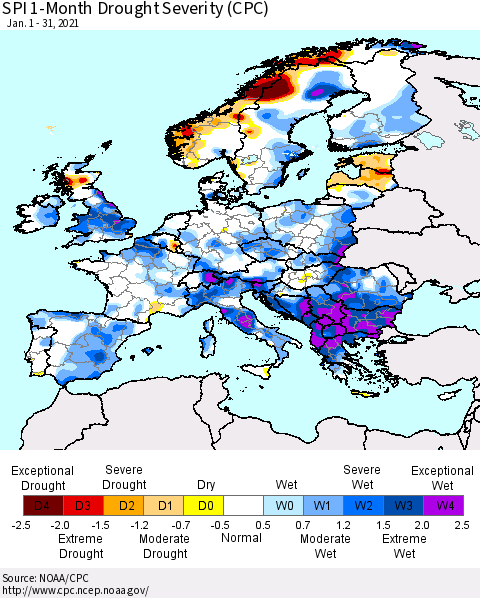 Europe SPI 1-Month Drought Severity (CPC) Thematic Map For 1/1/2021 - 1/31/2021