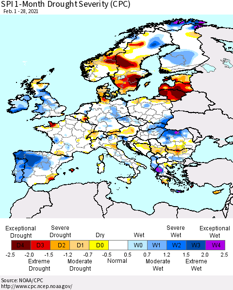 Europe SPI 1-Month Drought Severity (CPC) Thematic Map For 2/1/2021 - 2/28/2021