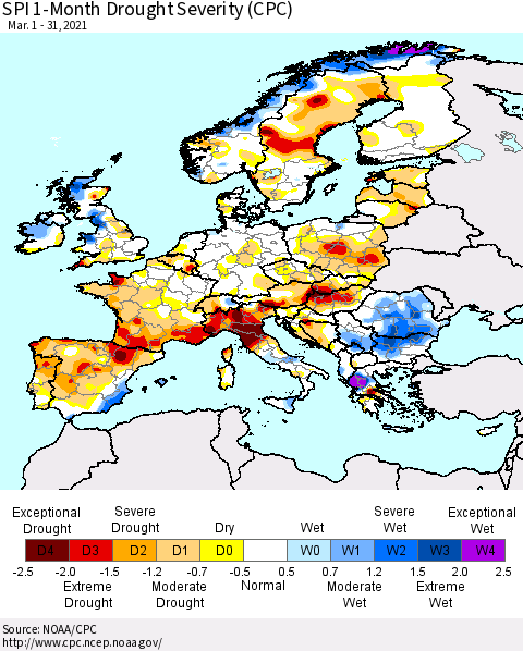 Europe SPI 1-Month Drought Severity (CPC) Thematic Map For 3/1/2021 - 3/31/2021