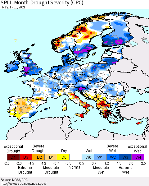 Europe SPI 1-Month Drought Severity (CPC) Thematic Map For 5/1/2021 - 5/31/2021