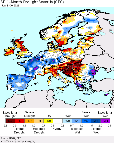 Europe SPI 1-Month Drought Severity (CPC) Thematic Map For 6/1/2021 - 6/30/2021