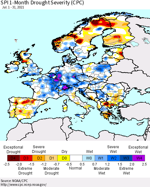 Europe SPI 1-Month Drought Severity (CPC) Thematic Map For 7/1/2021 - 7/31/2021