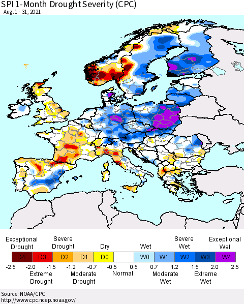 Europe SPI 1-Month Drought Severity (CPC) Thematic Map For 8/1/2021 - 8/31/2021