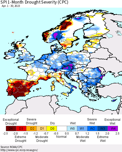Europe SPI 1-Month Drought Severity (CPC) Thematic Map For 4/1/2023 - 4/30/2023