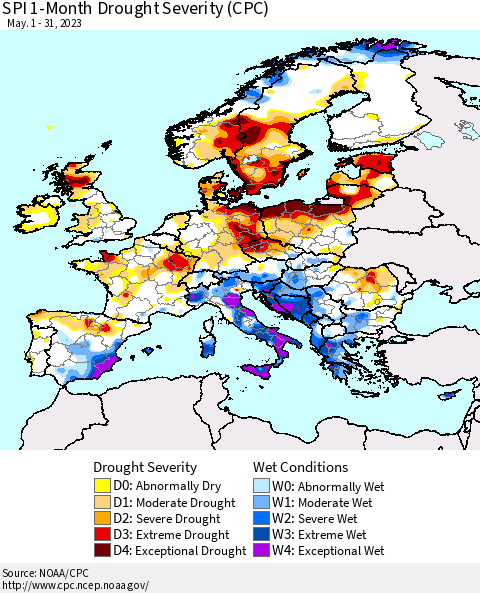 Europe SPI 1-Month Drought Severity (CPC) Thematic Map For 5/1/2023 - 5/31/2023