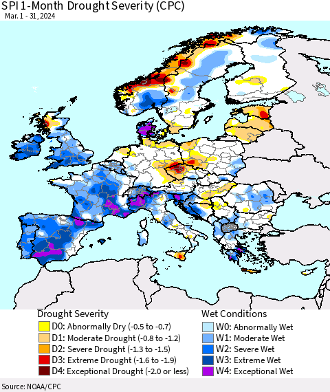 Europe SPI 1-Month Drought Severity (CPC) Thematic Map For 3/1/2024 - 3/31/2024