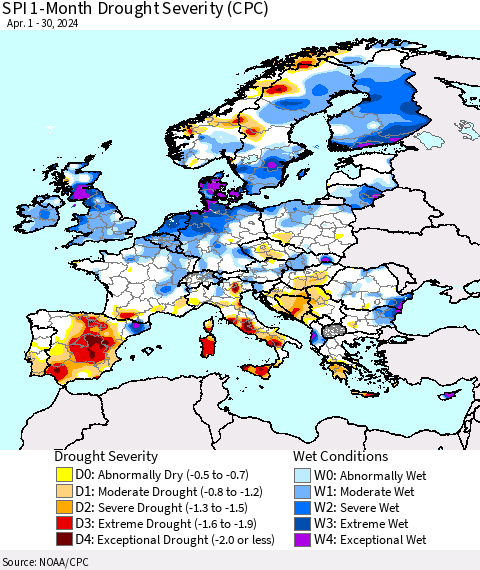 Europe SPI 1-Month Drought Severity (CPC) Thematic Map For 4/1/2024 - 4/30/2024