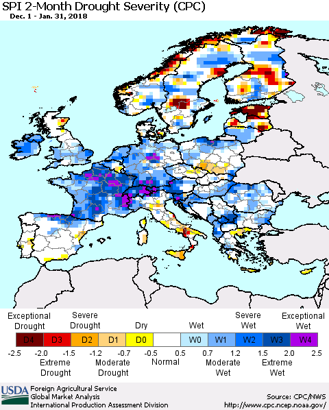 Europe SPI 2-Month Drought Severity (CPC) Thematic Map For 12/1/2017 - 1/31/2018