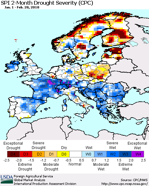 Europe SPI 2-Month Drought Severity (CPC) Thematic Map For 1/1/2018 - 2/28/2018
