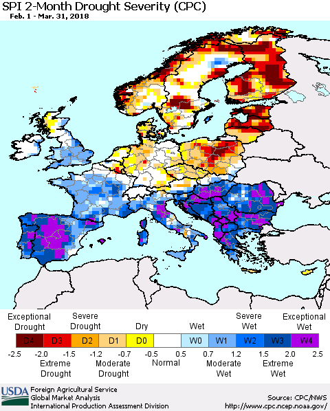 Europe SPI 2-Month Drought Severity (CPC) Thematic Map For 2/1/2018 - 3/31/2018