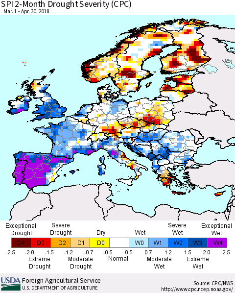 Europe SPI 2-Month Drought Severity (CPC) Thematic Map For 3/1/2018 - 4/30/2018