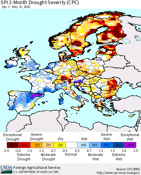 Europe SPI 2-Month Drought Severity (CPC) Thematic Map For 4/1/2018 - 5/31/2018