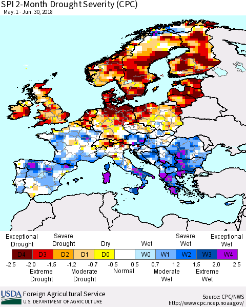 Europe SPI 2-Month Drought Severity (CPC) Thematic Map For 5/1/2018 - 6/30/2018