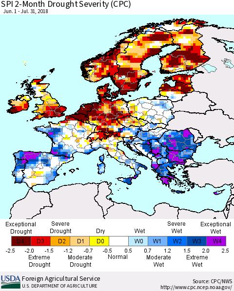 Europe SPI 2-Month Drought Severity (CPC) Thematic Map For 6/1/2018 - 7/31/2018