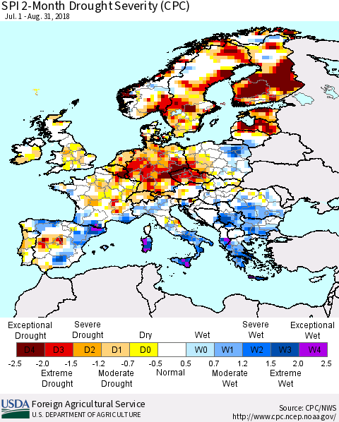 Europe SPI 2-Month Drought Severity (CPC) Thematic Map For 7/1/2018 - 8/31/2018