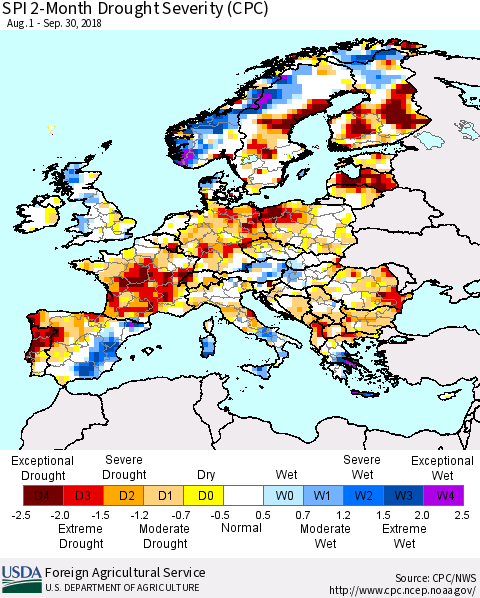 Europe SPI 2-Month Drought Severity (CPC) Thematic Map For 8/1/2018 - 9/30/2018