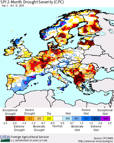 Europe SPI 2-Month Drought Severity (CPC) Thematic Map For 9/1/2018 - 10/31/2018