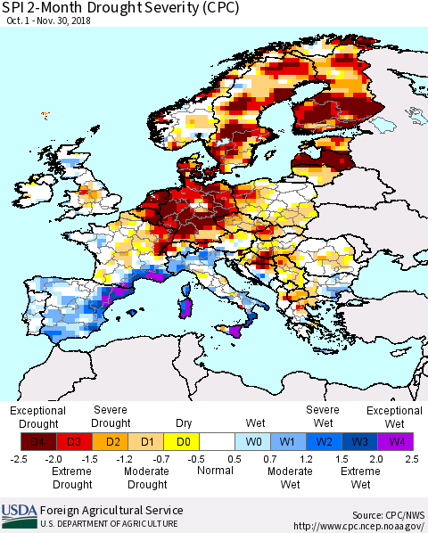 Europe SPI 2-Month Drought Severity (CPC) Thematic Map For 10/1/2018 - 11/30/2018