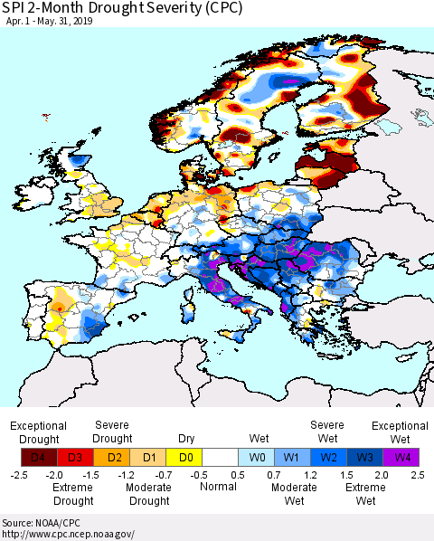 Europe SPI 2-Month Drought Severity (CPC) Thematic Map For 4/1/2019 - 5/31/2019