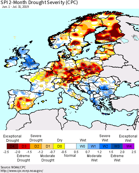 Europe SPI 2-Month Drought Severity (CPC) Thematic Map For 6/1/2019 - 7/31/2019