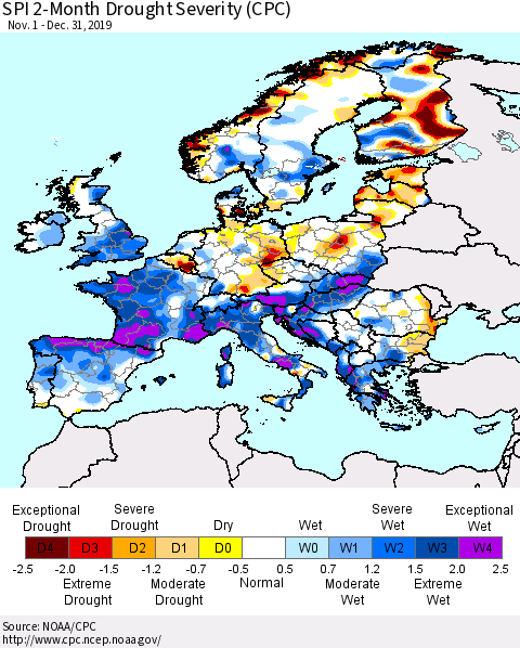 Europe SPI 2-Month Drought Severity (CPC) Thematic Map For 11/1/2019 - 12/31/2019