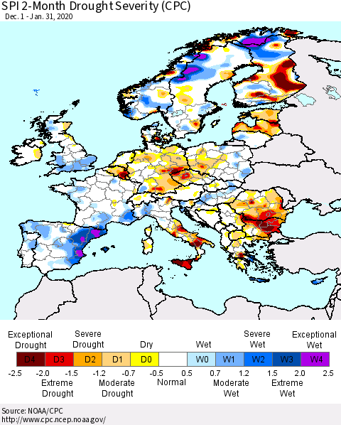 Europe SPI 2-Month Drought Severity (CPC) Thematic Map For 12/1/2019 - 1/31/2020